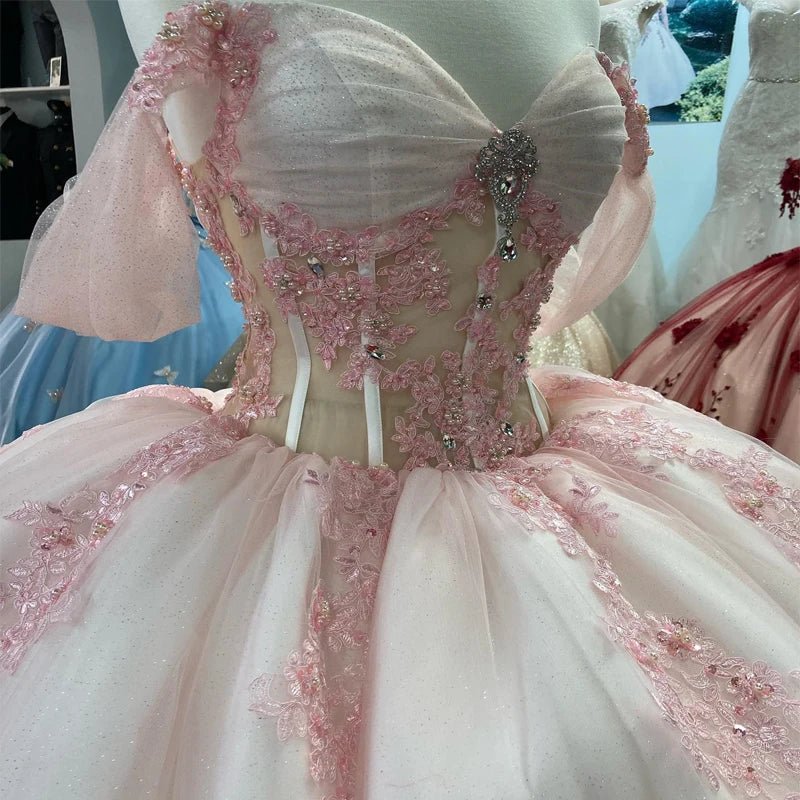 Ball - Gown Tulle Light Pink Off - the - Shoulder Quinceanera Dress with Appliques - KissProm