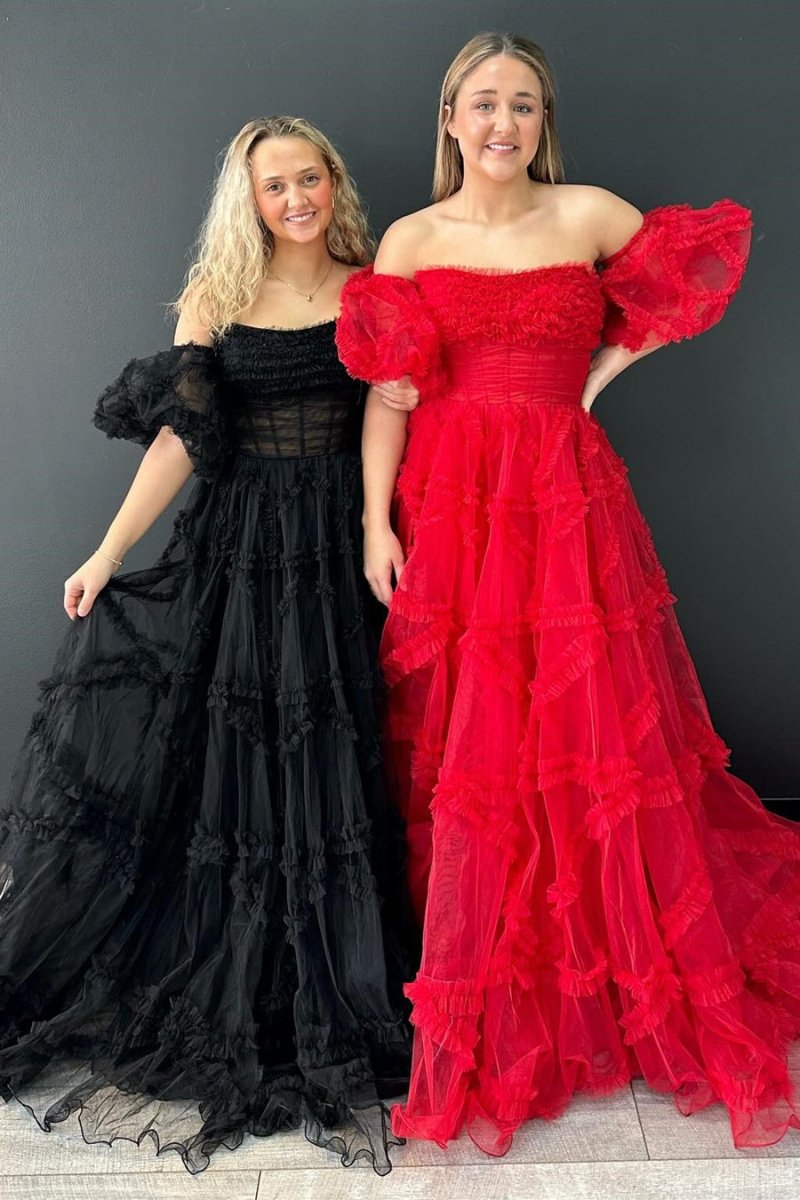 Lainey |A-Line Strapless Ruffles Long Formal Dress with Puff Sleeves