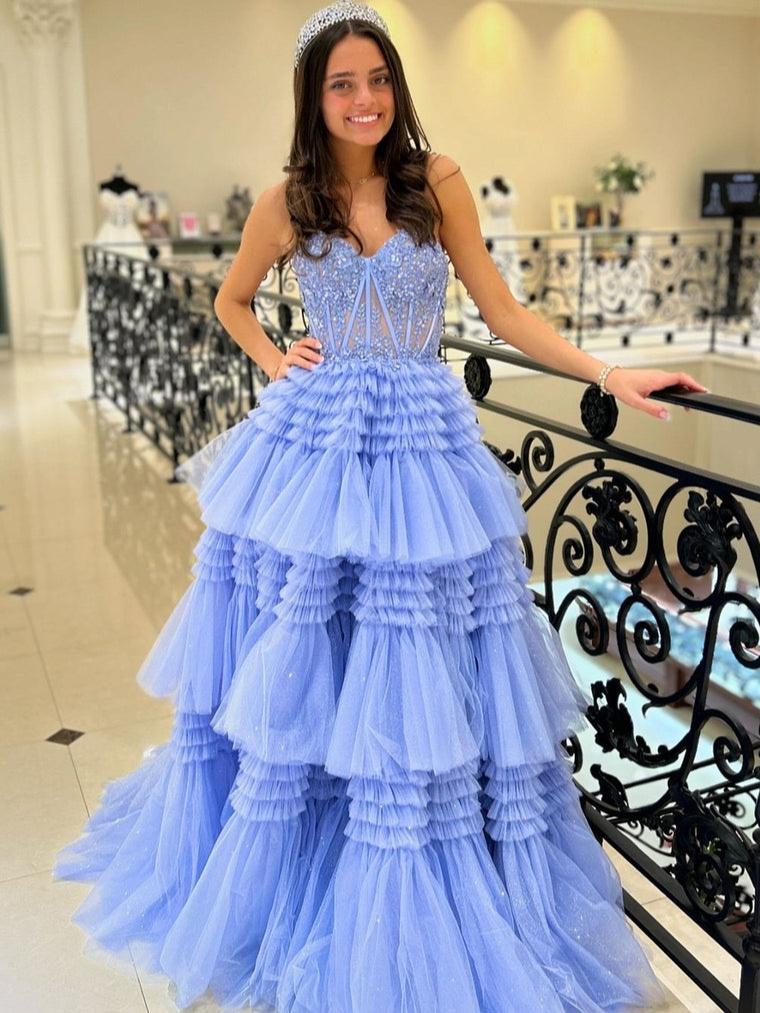 Adelyn Black A-Line Sweetheart Tiered Long Sparkling Tulle Prom Dress Periwinkle / 14 Adelyn Black A-Line Sweetheart Tiered Long Sparkling Tulle Prom Dress Periwinkle / 14
