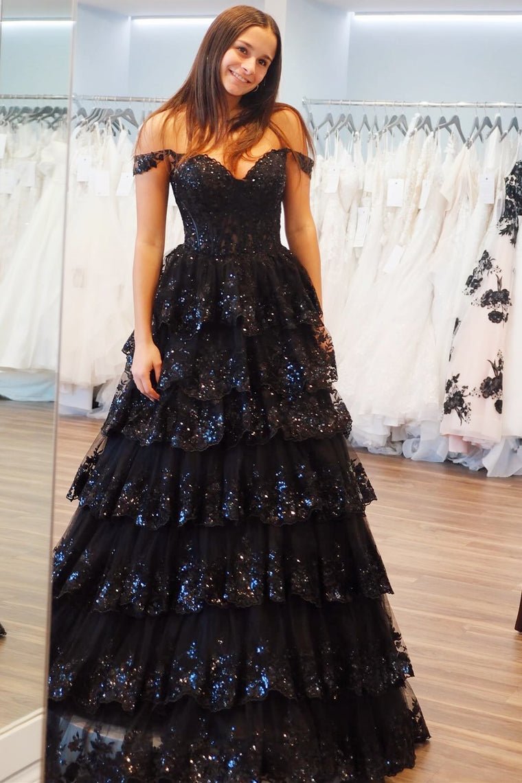 Princess Off the Shoulder Sequined Lace Prom Dress, Black / 0 Princess Off the Shoulder Sequined Lace Prom Dress, Black / 0