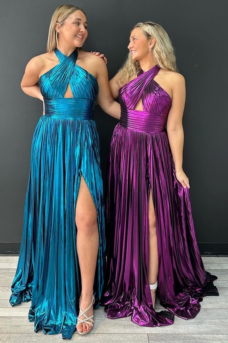 Peacock Green A Line One Shoulder Ruched Long Prom Dress With Slit