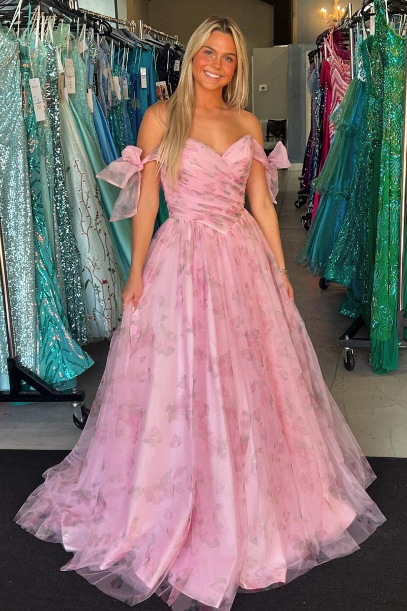 Pink Print Off - the - Shoulder A - Line Long Prom Dress - KissProm