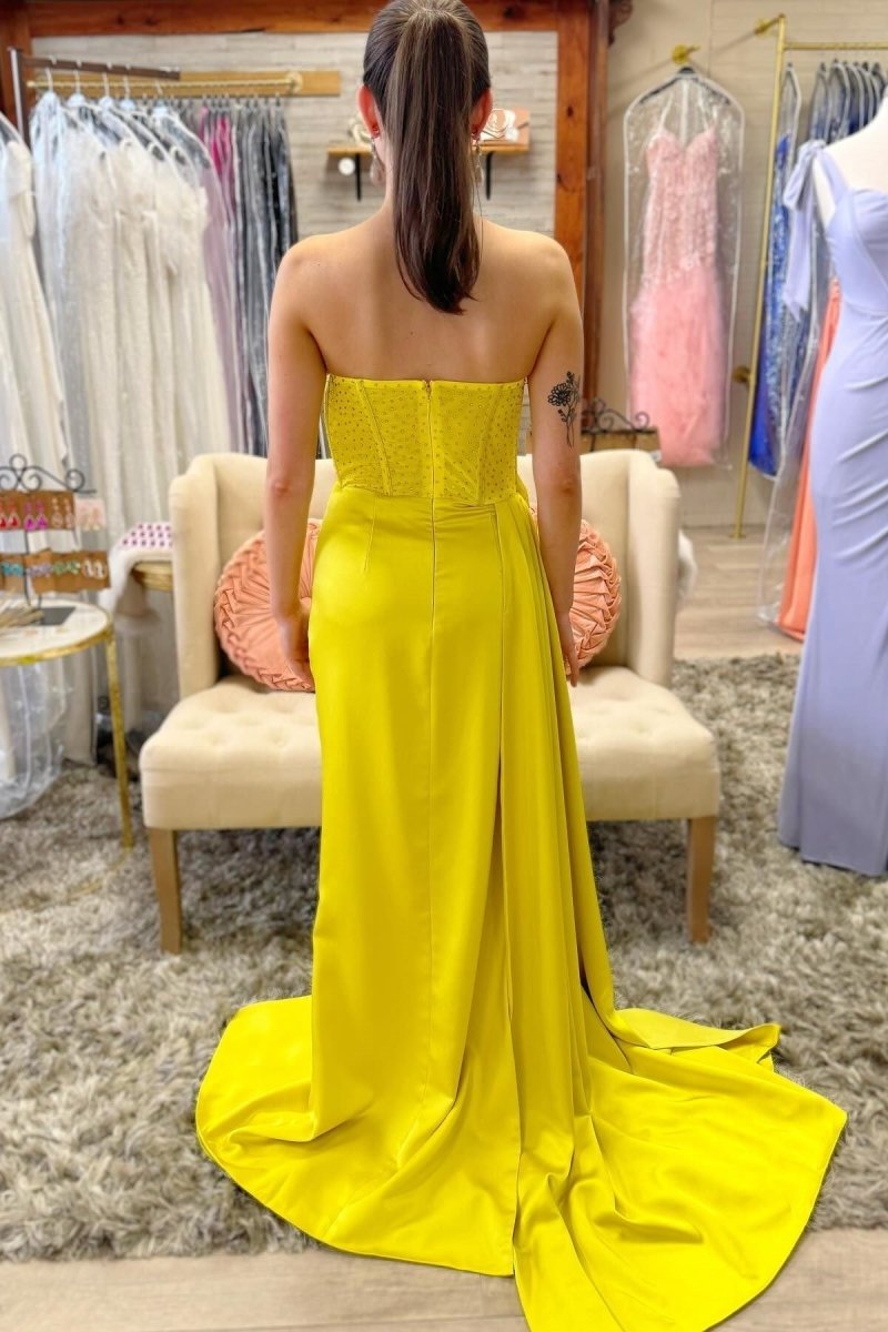 Strapless Beaded Ruched Maxi Dress with Attached Train Strapless Beaded Ruched Maxi Dress with Attached Train