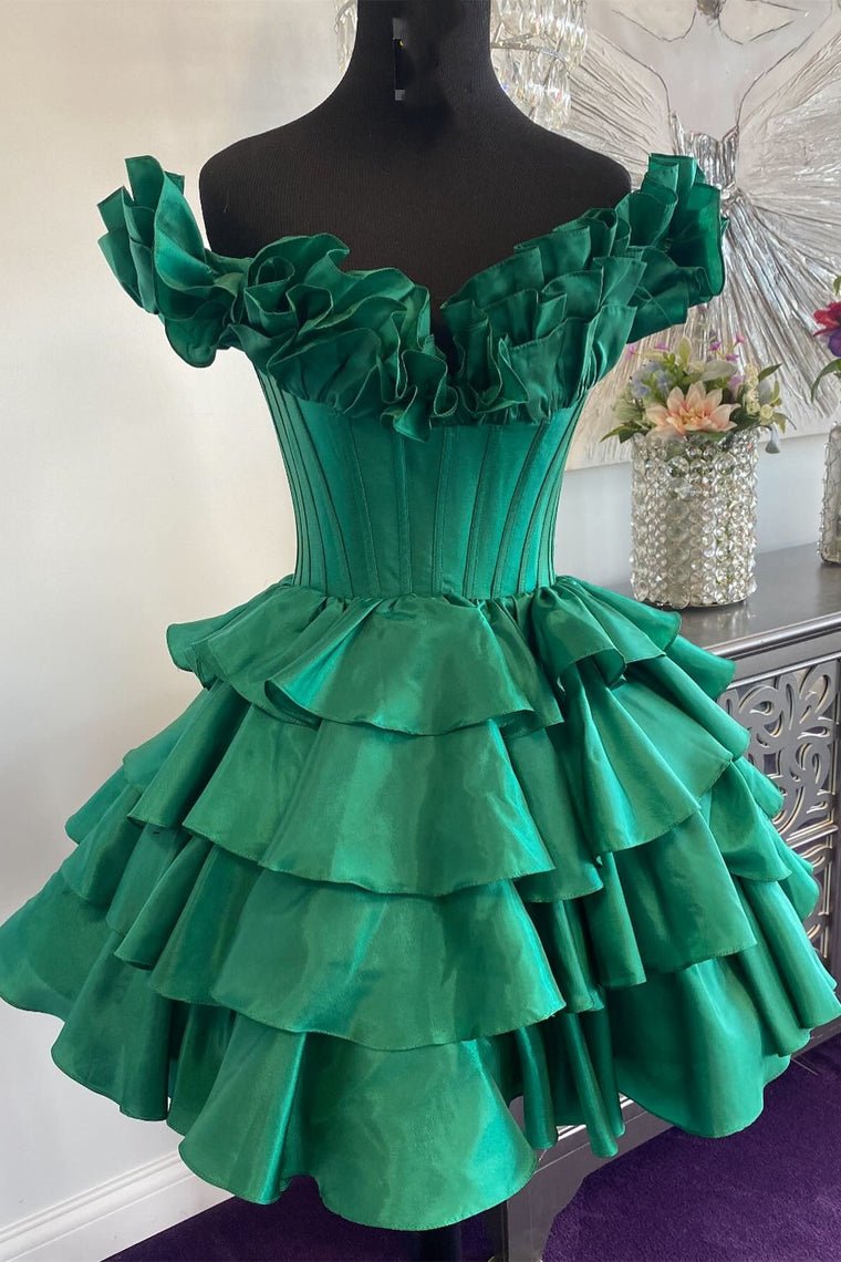 A-Line Off-the-Shoulder Corset Ruffle Tiered Homecoming Dress