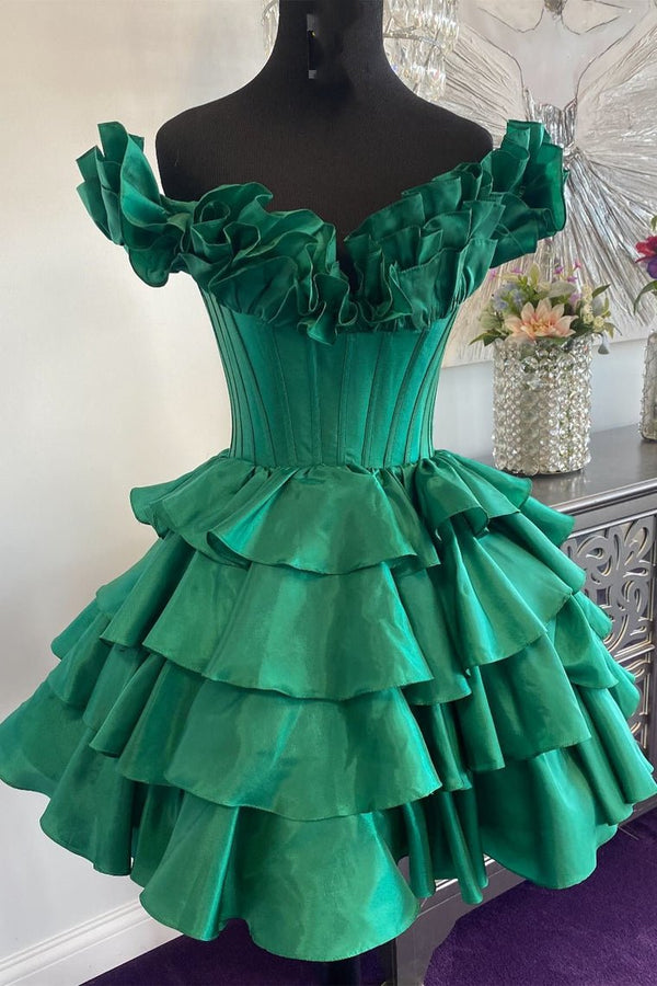A-Line Off-the-Shoulder Corset Ruffle Tiered Homecoming Dress