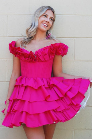 A-Line Off-the-Shoulder Corset Ruffle Tiered Homecoming Dress
