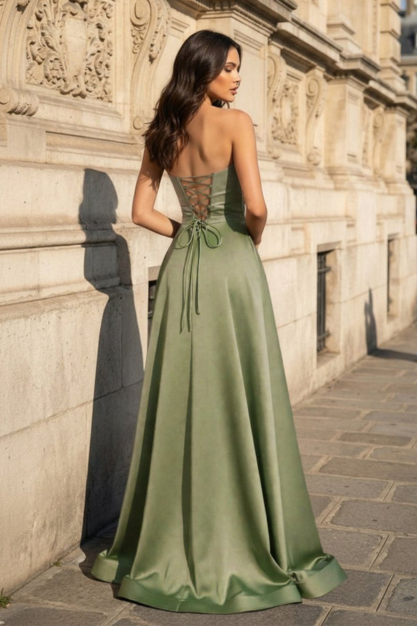 A Line Black Strapless Satin Prom Dresses With Slit - KissProm