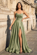 A Line Black Strapless Satin Prom Dresses With Slit – Prom Dress by KissProm | Available at KissProm