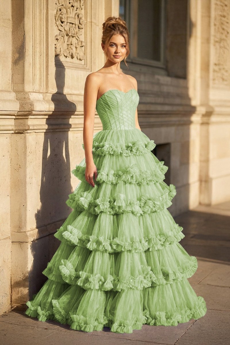 Sage Green Strapless A Line Tulle Ruffled Long Prom Dresses With Slit - KissProm