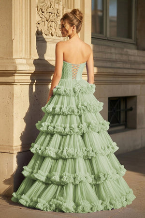 Navy Blue Strapless A Line Tulle Ruffled Long Prom Dresses With Slit - KissProm