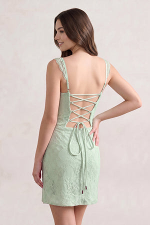 Sage Spaghetti Straps Sheath Lace Short Homecoming Dress With Slit - KISSPROM