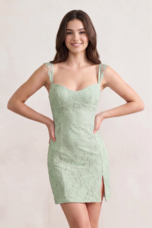 Sage Spaghetti Straps Sheath Lace Short Homecoming Dress With Slit - KISSPROM