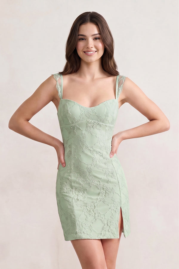 Sage Spaghetti Straps Sheath Lace Short Homecoming Dress With Slit - KISSPROM