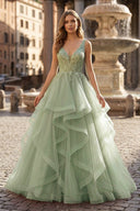 A-Line Prom Dresses Princess Dress Formal Floor Length Sleeveless V Neck Tulle Backless with Pleats Appliques