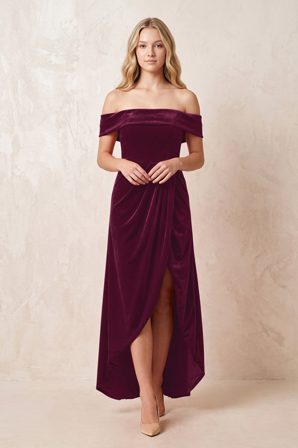 Sangria Off-the-Shoulder Sheath Velvet Midi Bridesmaid Dress - KISSPROM