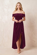 Sangria Off-the-Shoulder Sheath Velvet Midi Bridesmaid Dress - KISSPROM