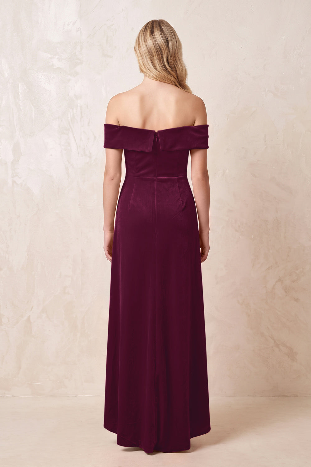 Sangria Off-the-Shoulder Sheath Velvet Midi Bridesmaid Dress - KISSPROM