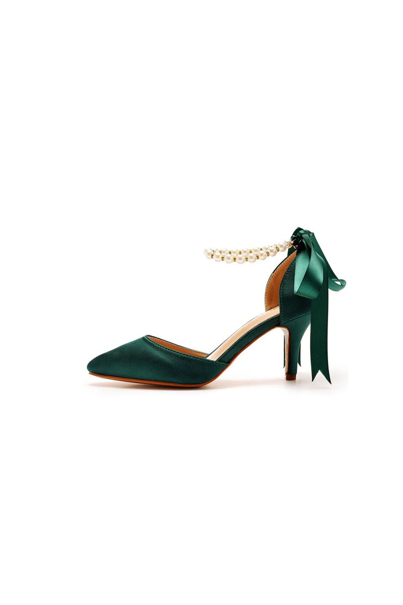 Satin Pearl Ribbon Tie Pointed Toe Ankle Strap High Heels - KissProm