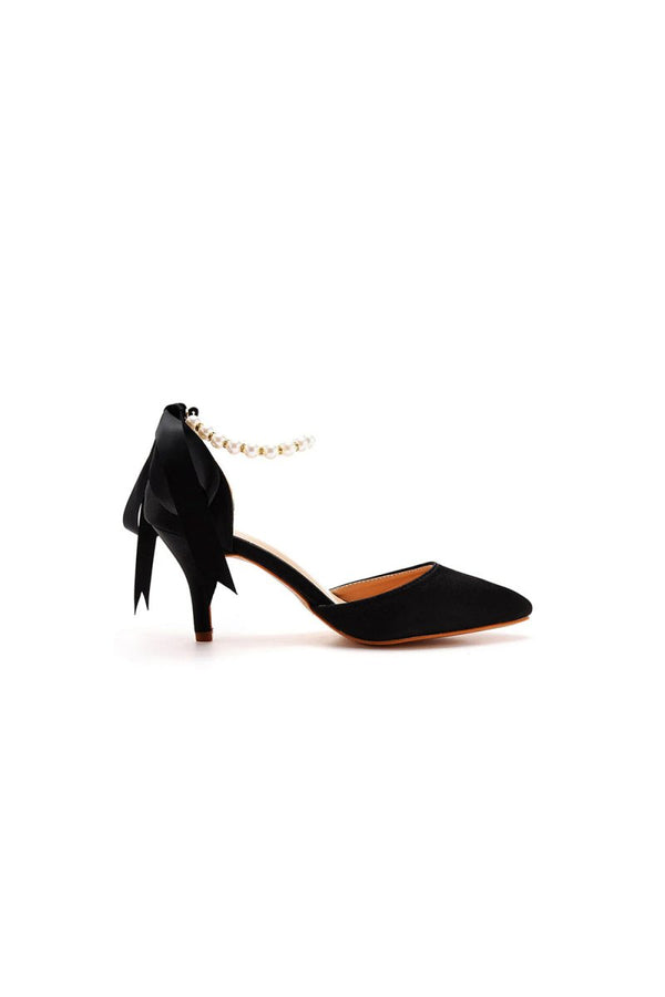 Satin Pearl Ribbon Tie Pointed Toe Ankle Strap High Heels - KissProm