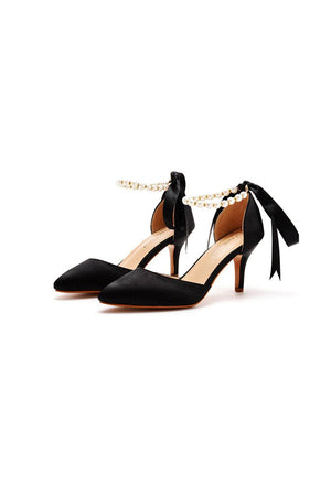 Satin Pearl Ribbon Tie Pointed Toe Ankle Strap High Heels - KissProm