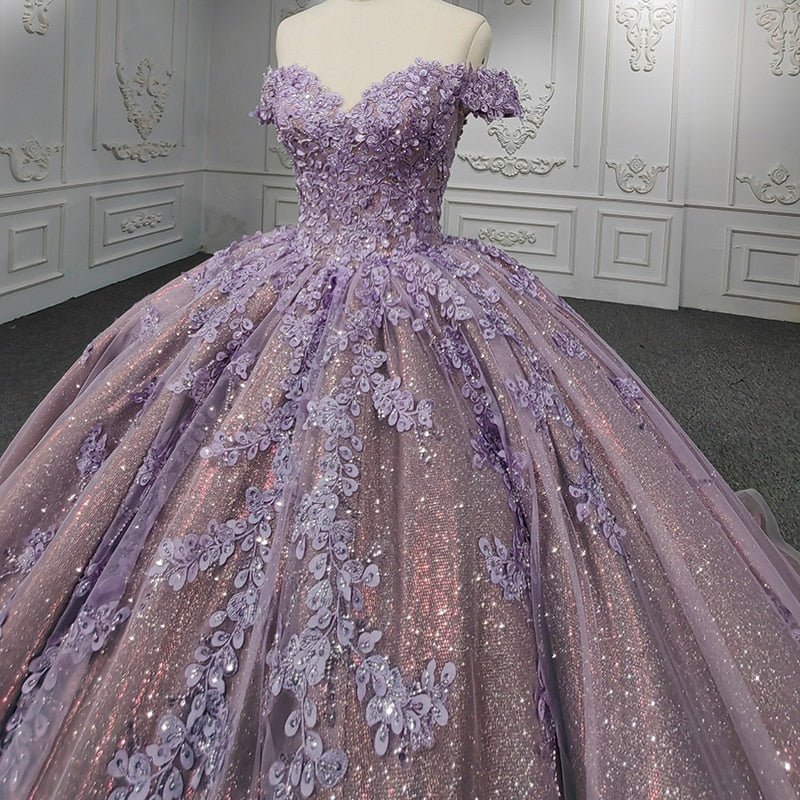 Purple Off-the-Shoulder Quinceanera Dresses with Flower