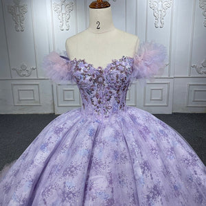 Quinceañera lace Off - the - Shoulder Ball Gown Purple Sequined Dress - KissProm