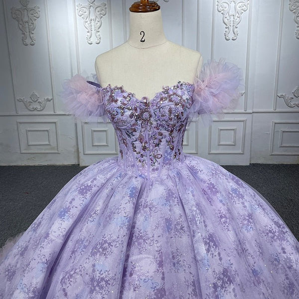 Quinceañera lace Off - the - Shoulder Ball Gown Purple Sequined Dress - KissProm