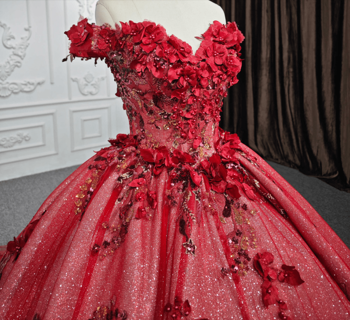 Red Flower  Off-the-Shoulder Quinceañera Dress