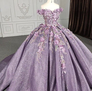 Purple Floral A Line Sequined Party Ball Gown - KissProm