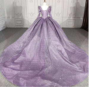 Purple Long Sleeve Full Gather Skirt A Line Party Ball Gown - KissProm