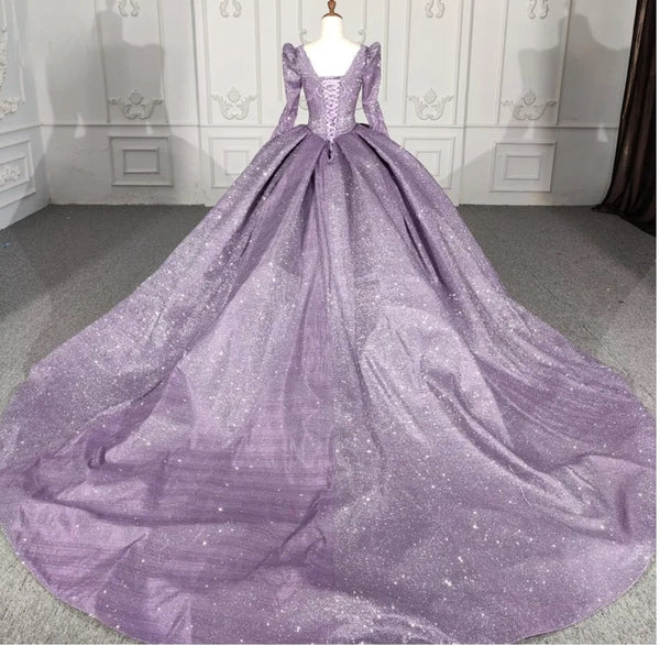 Purple Long Sleeve Full Gather Skirt A Line Party Ball Gown - KissProm