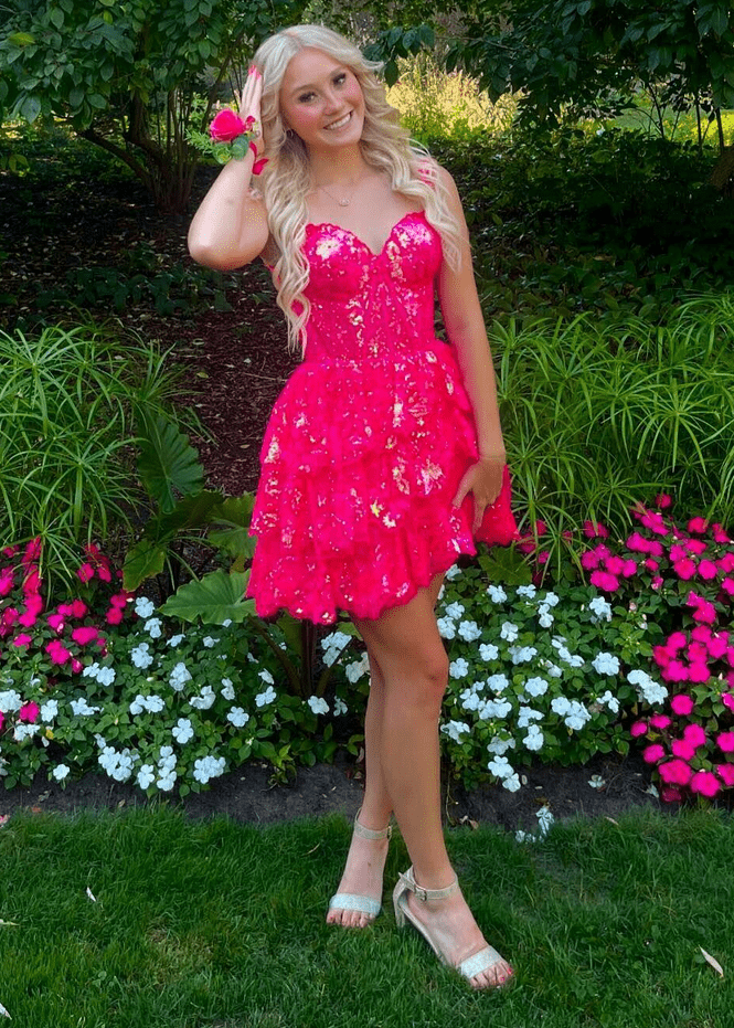 Everly | Fuchsia Gold - A-Line Sweetheart Tiered Short Homecoming Dress