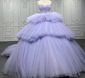 Quinceanera Dress Strapless Ball Gown Crystal Lavender - KissProm