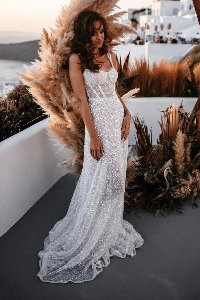 white christmas dresses Sparkly A Line Sweetheart Sequins Wedding Dresses
