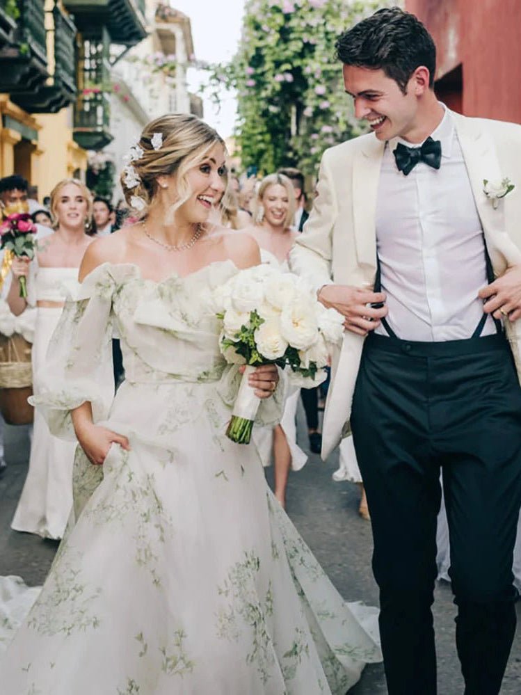 Danica | A - Line Floral Appliqued Majesty Bridal Wedding Dress with Ruffles - KissProm