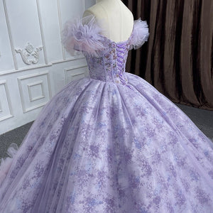Quinceañera lace Off - the - Shoulder Ball Gown Purple Sequined Dress - KissProm