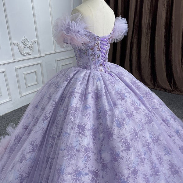 Quinceañera lace Off - the - Shoulder Ball Gown Purple Sequined Dress - KissProm
