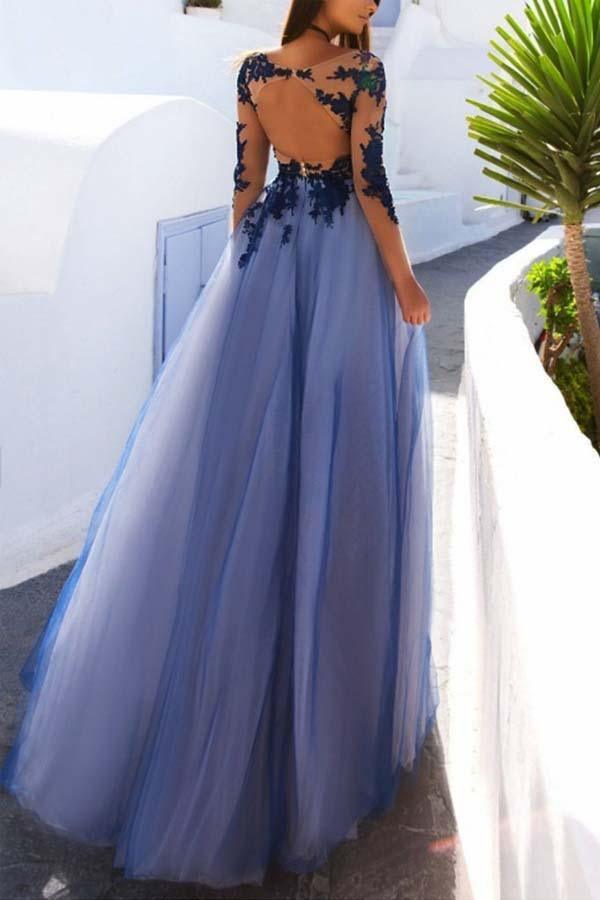 Gabrielle | Sexy Long Sleeves Blue Lace Open Back Prom Dresses Evening Dresses - KissProm