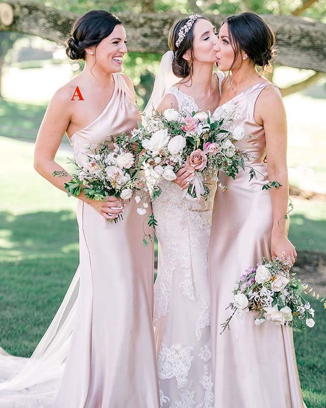 Sheath One Shoulder Silk Satin Sleeveless Long Bridesmaid Dress - KissProm