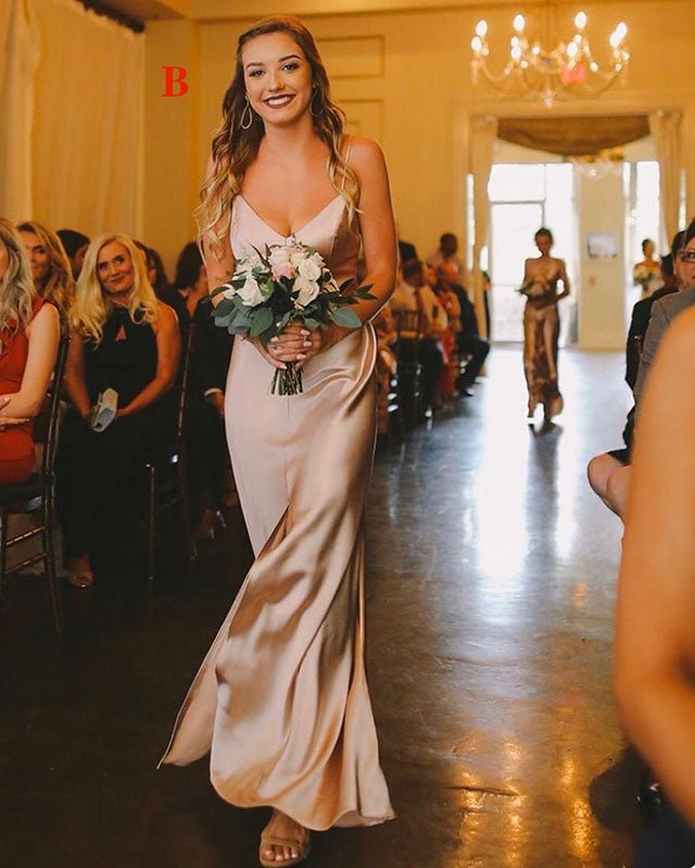 Sheath Spaghetti Straps Silk Satin Sleeveless Slit Long Bridesmaid Dress - KissProm