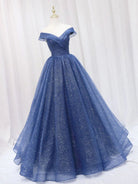 Shiny Off Shoulder Navy Blue Tulle Navy Blue Formal Graduation Evening Dresses