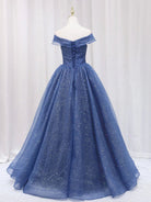 Shiny Off Shoulder Navy Blue Tulle Navy Blue Formal Graduation Evening Dresses