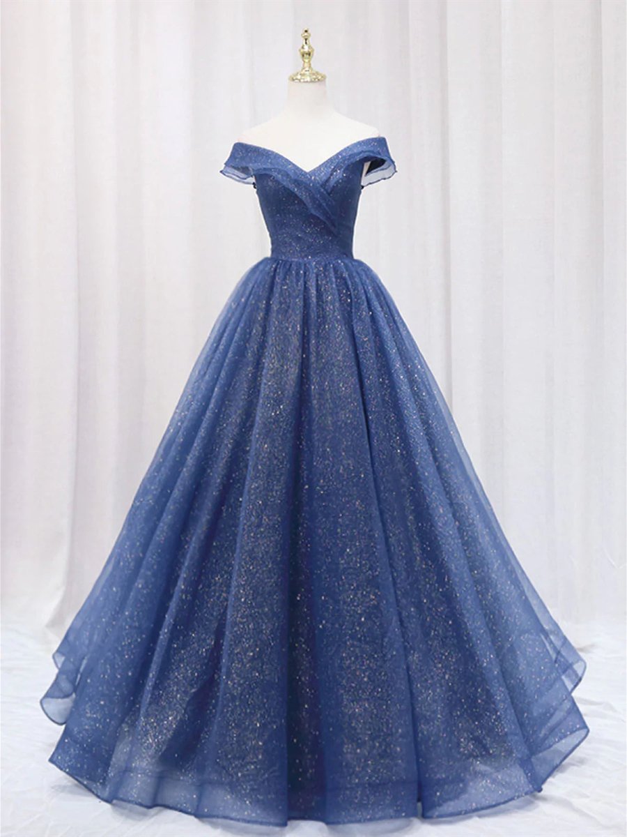 Shiny Off Shoulder Navy Blue Tulle Navy Blue Formal Graduation Evening Dresses Navy Blue / Custom Size