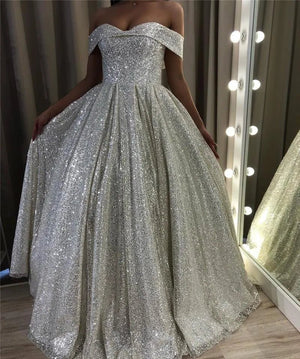 Shiny Silver Sequin A-Line Wedding Dresses Off the Shoulder
