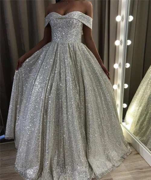 Shiny Silver Sequin A-Line Wedding Dresses Off the Shoulder