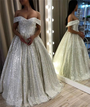 Shiny Silver Sequin A-Line Wedding Dresses Off the Shoulder