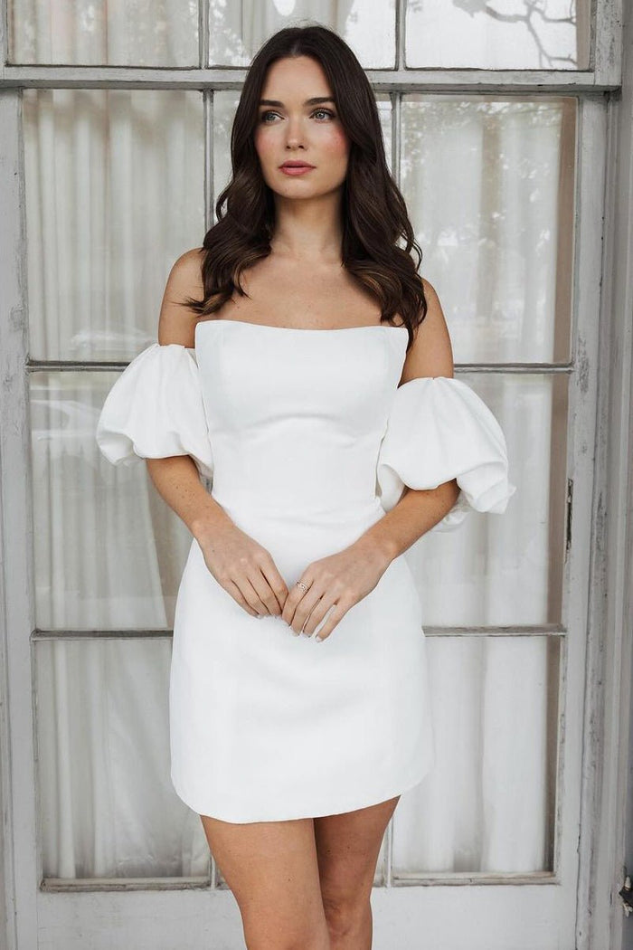 Short Satin White Wedding Dress Strapless Bubble Sleeves | KissProm