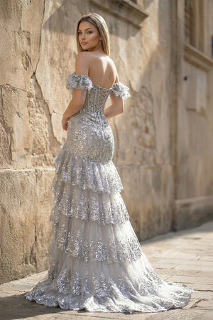 KissProm-Silver heath Off the Shoulder Long Lace Prom Dress (Lace-up Back)