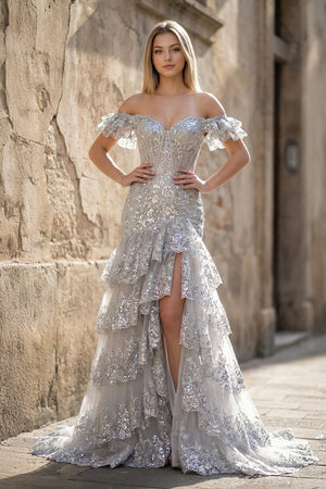 KissProm-Silver heath Off the Shoulder Long Lace Prom Dress (Lace-up Back)