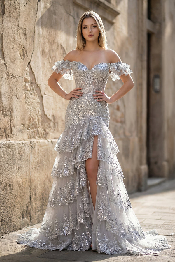 KissProm-Silver heath Off the Shoulder Long Lace Prom Dress (Lace-up Back)